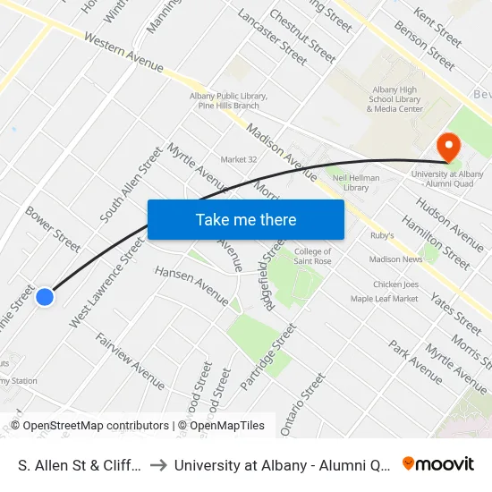 S. Allen St & Cliff St to University at Albany - Alumni Quad map