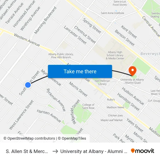 S. Allen St & Mercer St to University at Albany - Alumni Quad map