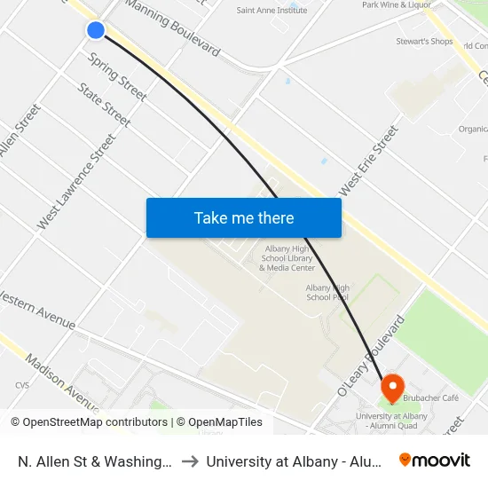 N. Allen St & Washington Ave to University at Albany - Alumni Quad map