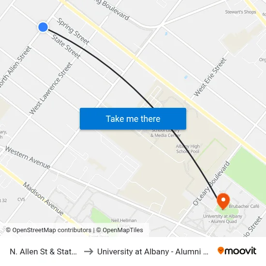 N. Allen St & State St to University at Albany - Alumni Quad map