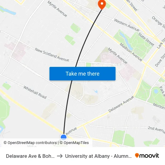 Delaware Ave & Bohl Ave to University at Albany - Alumni Quad map