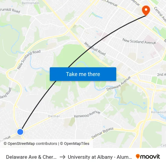 Delaware Ave & Cherry Ave to University at Albany - Alumni Quad map