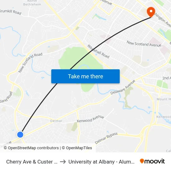 Cherry Ave & Custer Road to University at Albany - Alumni Quad map