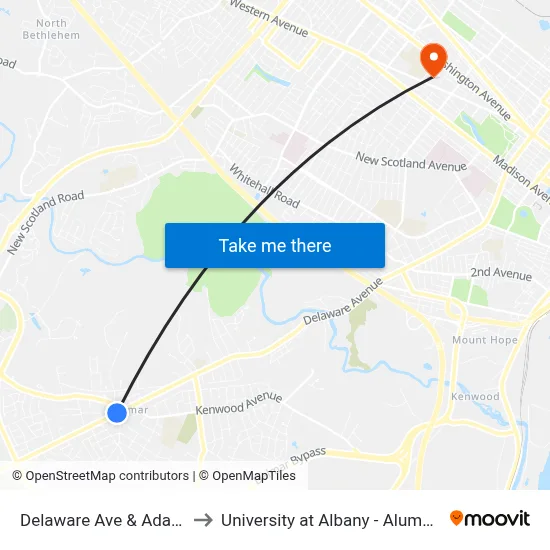 Delaware Ave & Adams St to University at Albany - Alumni Quad map