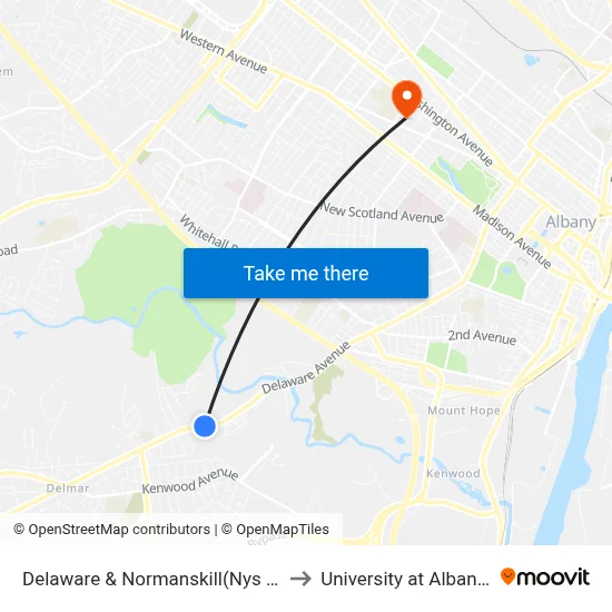 Delaware & Normanskill(Nys Dept Of Public Service) to University at Albany - Alumni Quad map