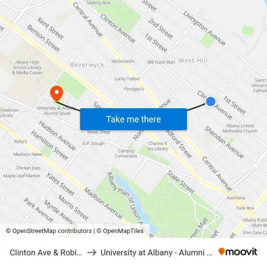 Clinton Ave & Robin St to University at Albany - Alumni Quad map