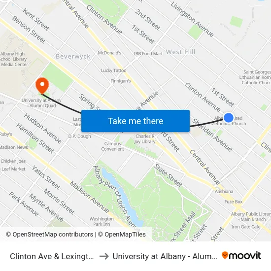 Clinton Ave & Lexington Ave to University at Albany - Alumni Quad map