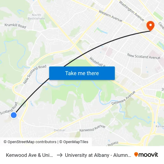 Kenwood Ave & Union Av to University at Albany - Alumni Quad map