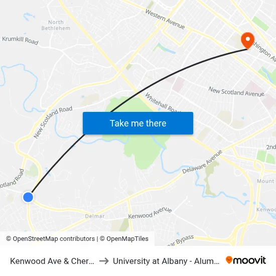 Kenwood Ave & Cherry Ave to University at Albany - Alumni Quad map