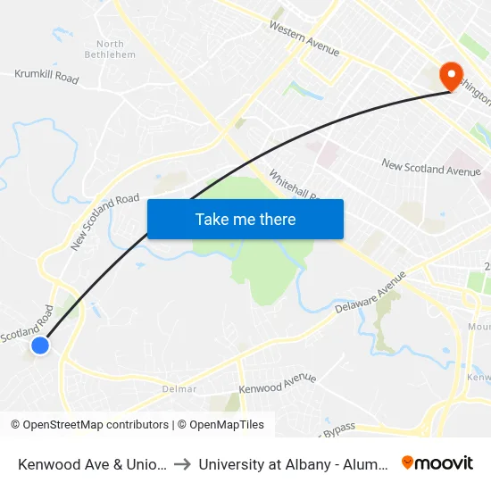 Kenwood Ave & Union Ave to University at Albany - Alumni Quad map