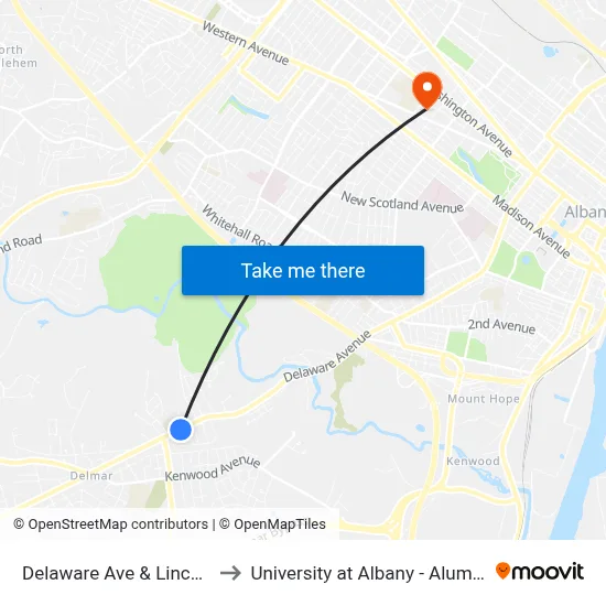 Delaware Ave & Lincoln Ave to University at Albany - Alumni Quad map
