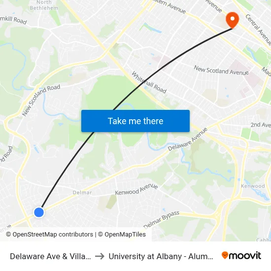 Delaware Ave & Village Dr to University at Albany - Alumni Quad map