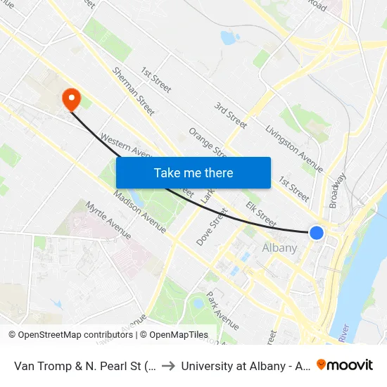 Van Tromp & N. Pearl St (Empire Live) to University at Albany - Alumni Quad map