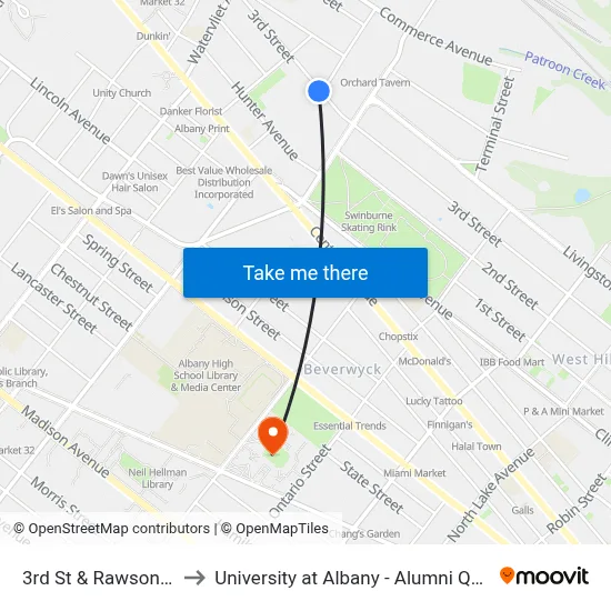 3rd St & Rawson St to University at Albany - Alumni Quad map