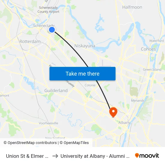 Union St & Elmer Ave to University at Albany - Alumni Quad map