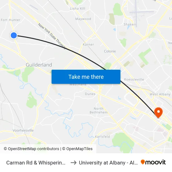 Carman Rd & Whispering Pines Way to University at Albany - Alumni Quad map