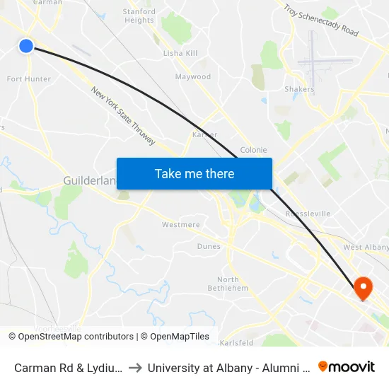 Carman Rd & Lydius St to University at Albany - Alumni Quad map
