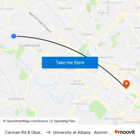 Carman Rd & Okara Dr to University at Albany - Alumni Quad map