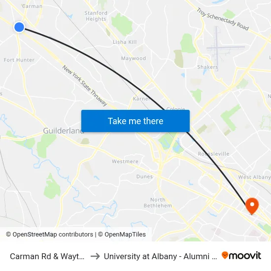 Carman Rd & Wayto Rd to University at Albany - Alumni Quad map