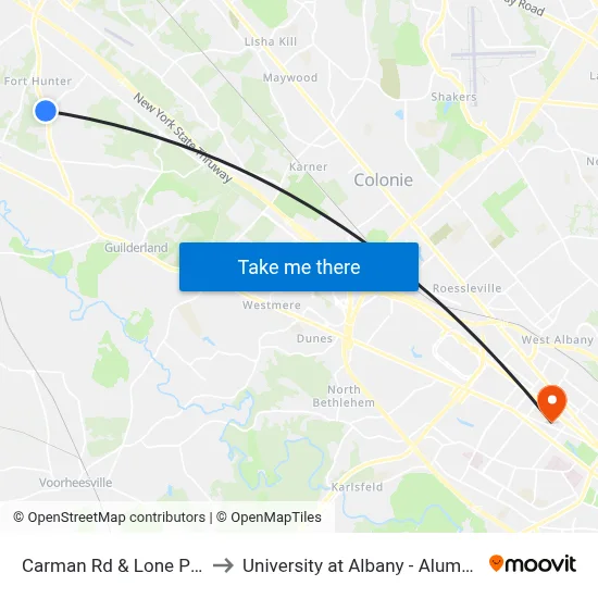 Carman Rd & Lone Pine Dr to University at Albany - Alumni Quad map