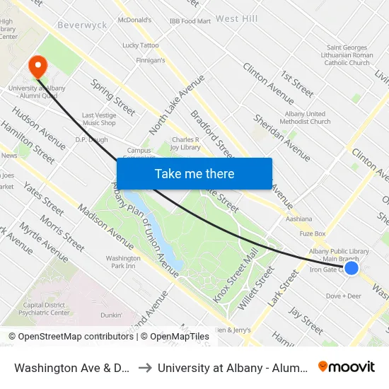 Washington Ave & Dove St to University at Albany - Alumni Quad map