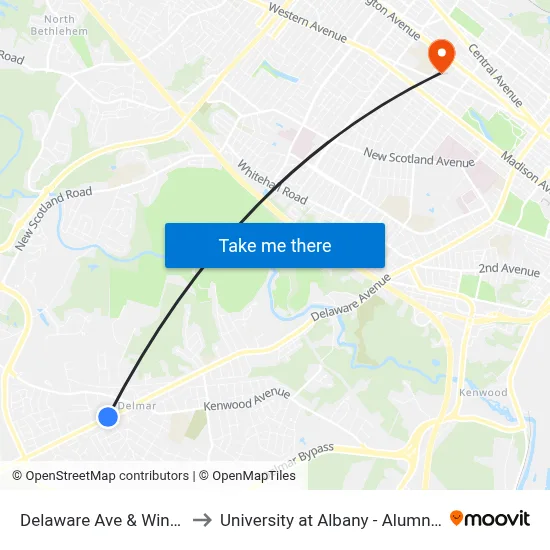 Delaware Ave & Winne Rd to University at Albany - Alumni Quad map