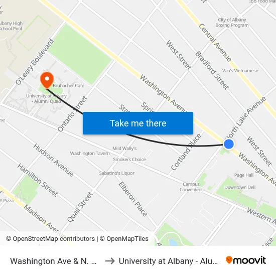 Washington Ave & N. Lake Ave to University at Albany - Alumni Quad map