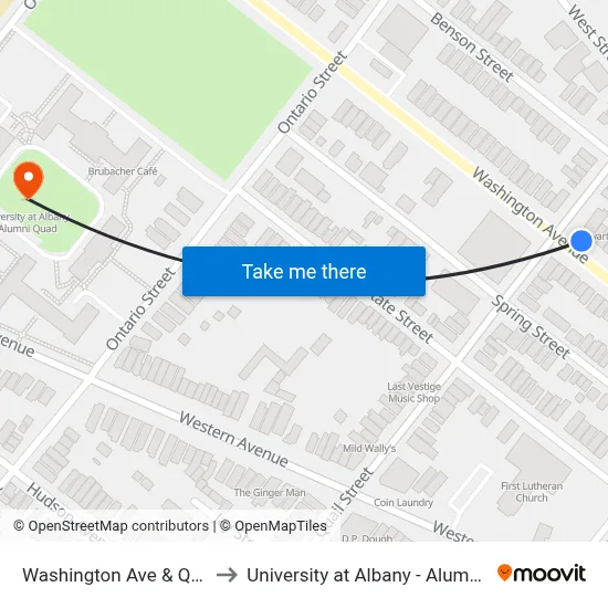 Washington Ave & Quail St to University at Albany - Alumni Quad map