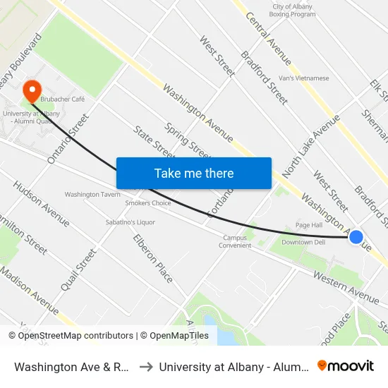 Washington Ave & Robin St to University at Albany - Alumni Quad map