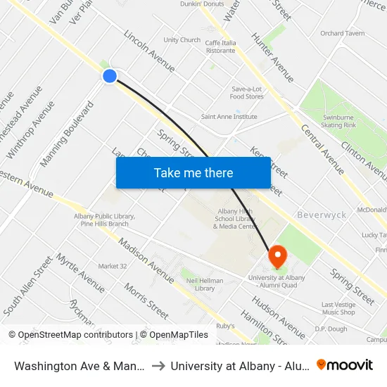 Washington Ave & Manning Blvd to University at Albany - Alumni Quad map