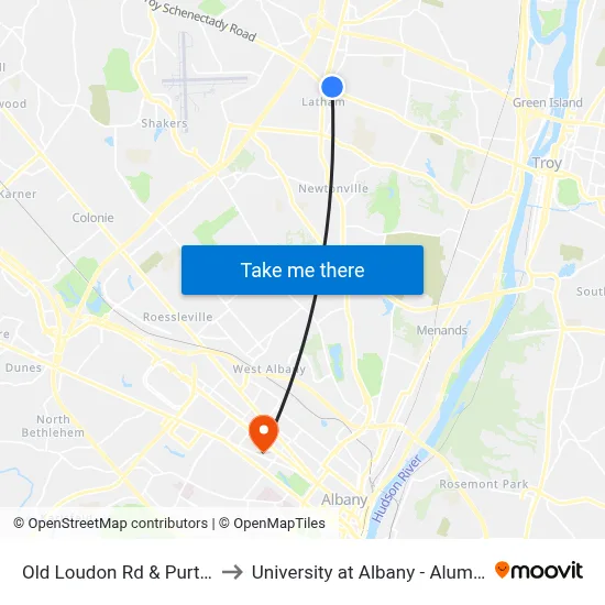 Old Loudon Rd & Purtell Ave to University at Albany - Alumni Quad map
