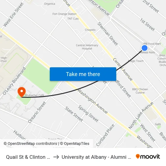 Quail St & Clinton Ave to University at Albany - Alumni Quad map