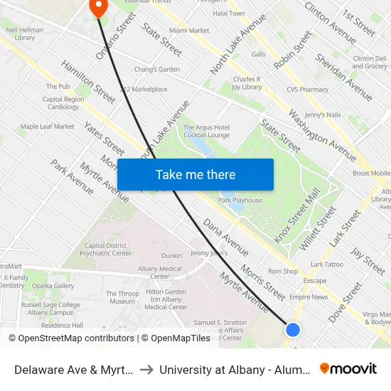Delaware Ave & Myrtle Ave to University at Albany - Alumni Quad map