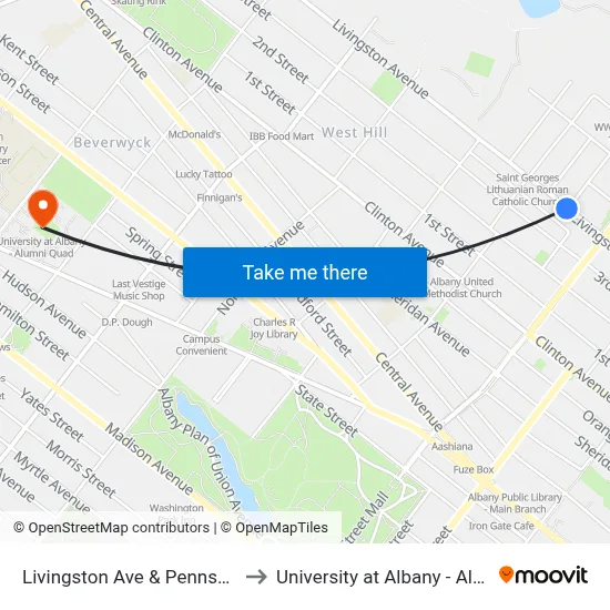 Livingston Ave & Pennsylvania Ave to University at Albany - Alumni Quad map