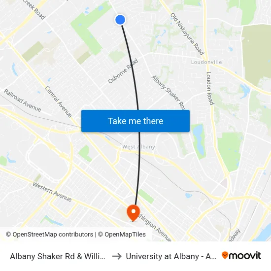 Albany Shaker Rd & Williams Park Rd to University at Albany - Alumni Quad map