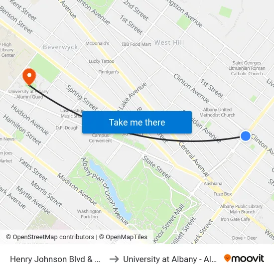 Henry Johnson Blvd & Clinton Ave to University at Albany - Alumni Quad map