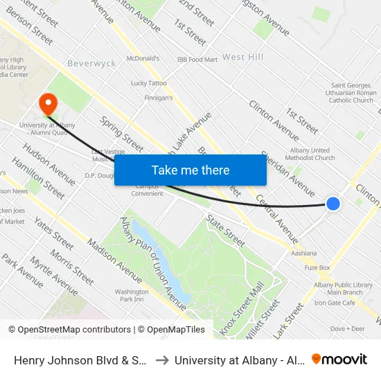 Henry Johnson Blvd & Sheridan Ave to University at Albany - Alumni Quad map