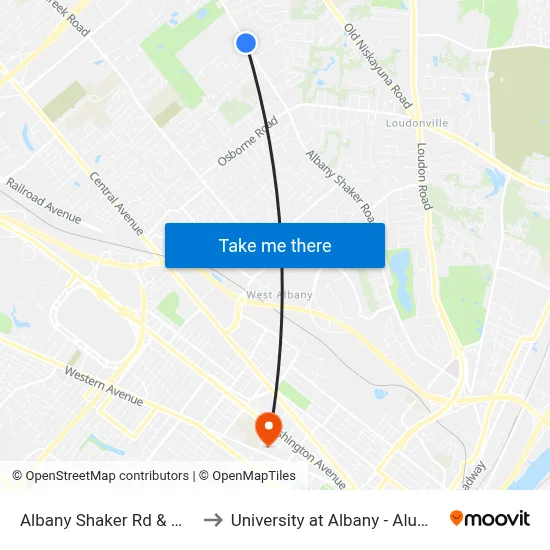 Albany Shaker Rd & Maria Dr to University at Albany - Alumni Quad map