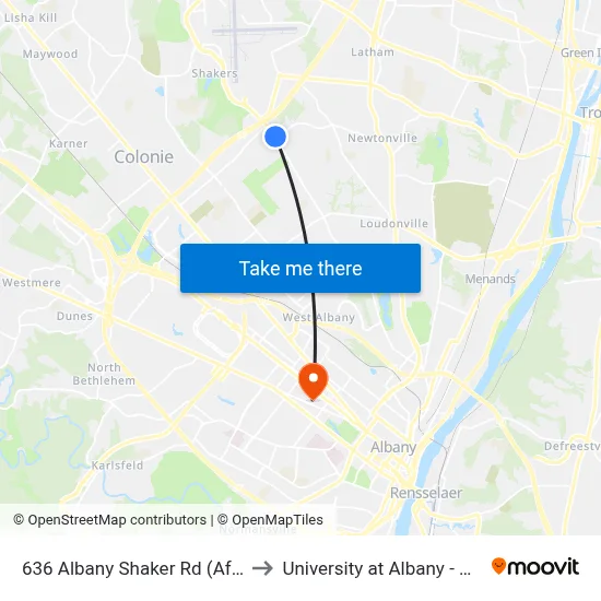 636 Albany Shaker Rd (Afrim's Sports) to University at Albany - Alumni Quad map