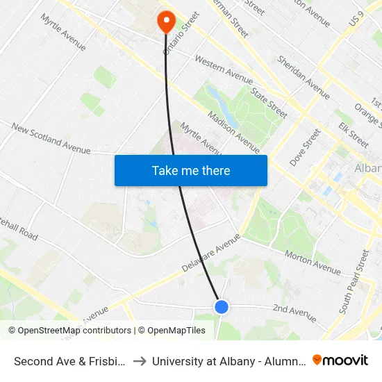 Second Ave & Frisbie Ave to University at Albany - Alumni Quad map