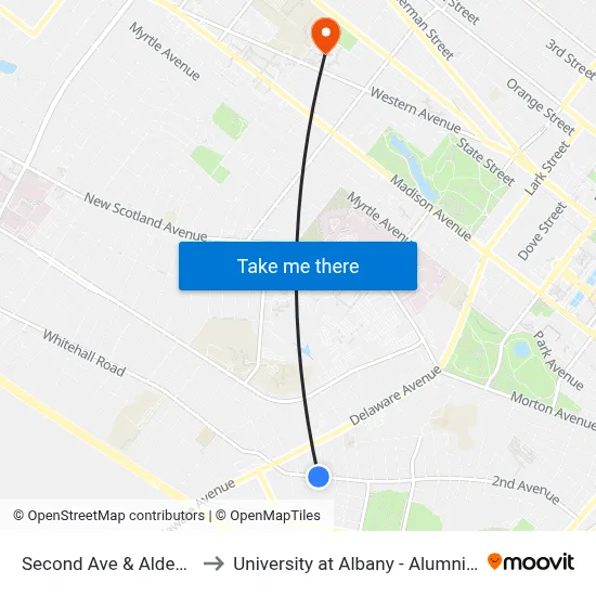 Second Ave & Alden Ave to University at Albany - Alumni Quad map
