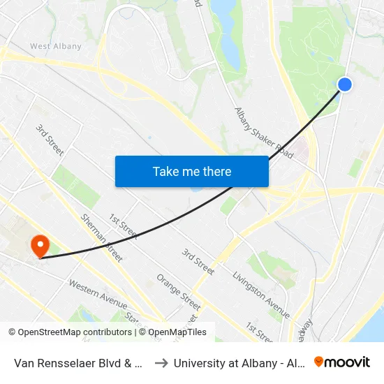 Van Rensselaer Blvd & Wolfert Ave to University at Albany - Alumni Quad map