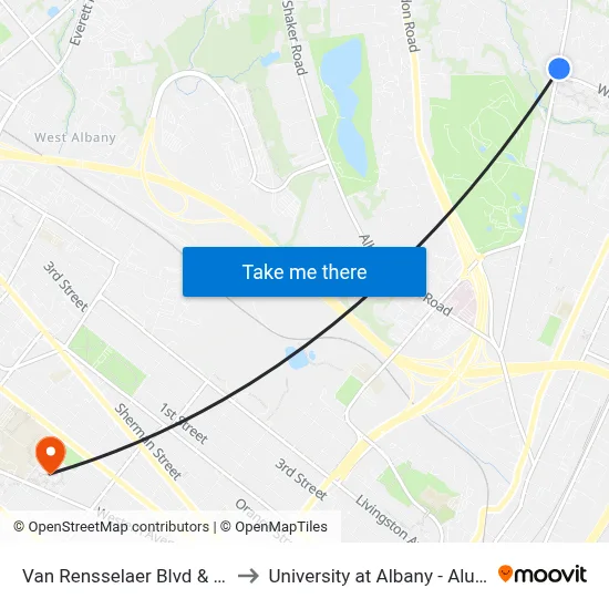 Van Rensselaer Blvd & Wards Ln to University at Albany - Alumni Quad map