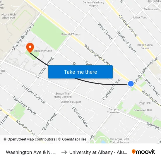 Washington Ave & N. Lake Ave to University at Albany - Alumni Quad map
