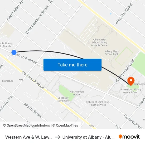 Western Ave & W. Lawrence St to University at Albany - Alumni Quad map