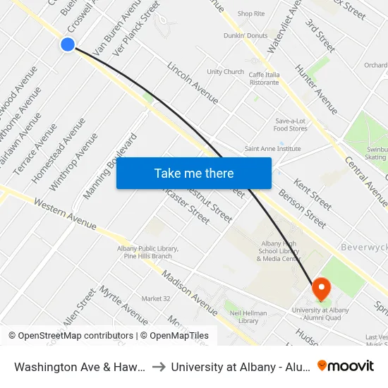 Washington Ave & Hawthorne St to University at Albany - Alumni Quad map