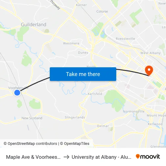 Maple Ave & Voorheesville Ave to University at Albany - Alumni Quad map