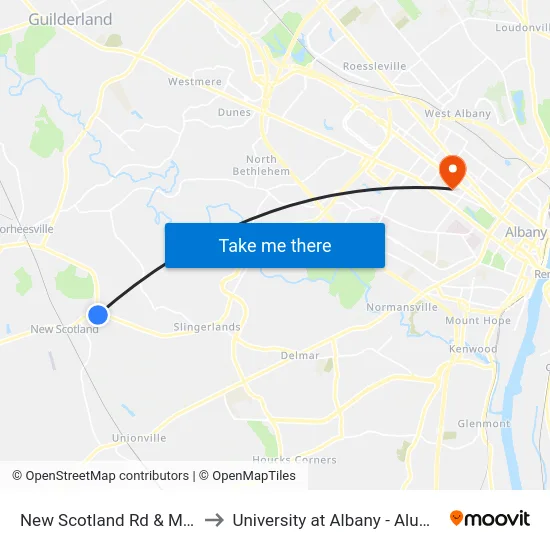 New Scotland Rd & Maple Rd to University at Albany - Alumni Quad map