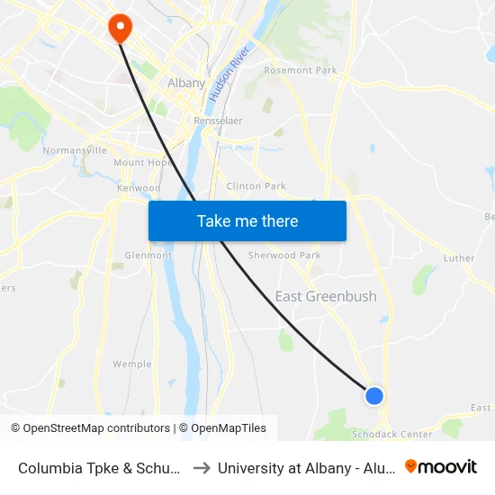 Columbia Tpke & Schuurman Rd to University at Albany - Alumni Quad map