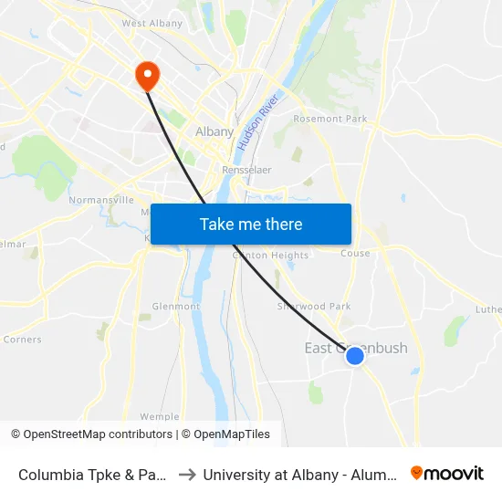Columbia Tpke & Park Ave to University at Albany - Alumni Quad map